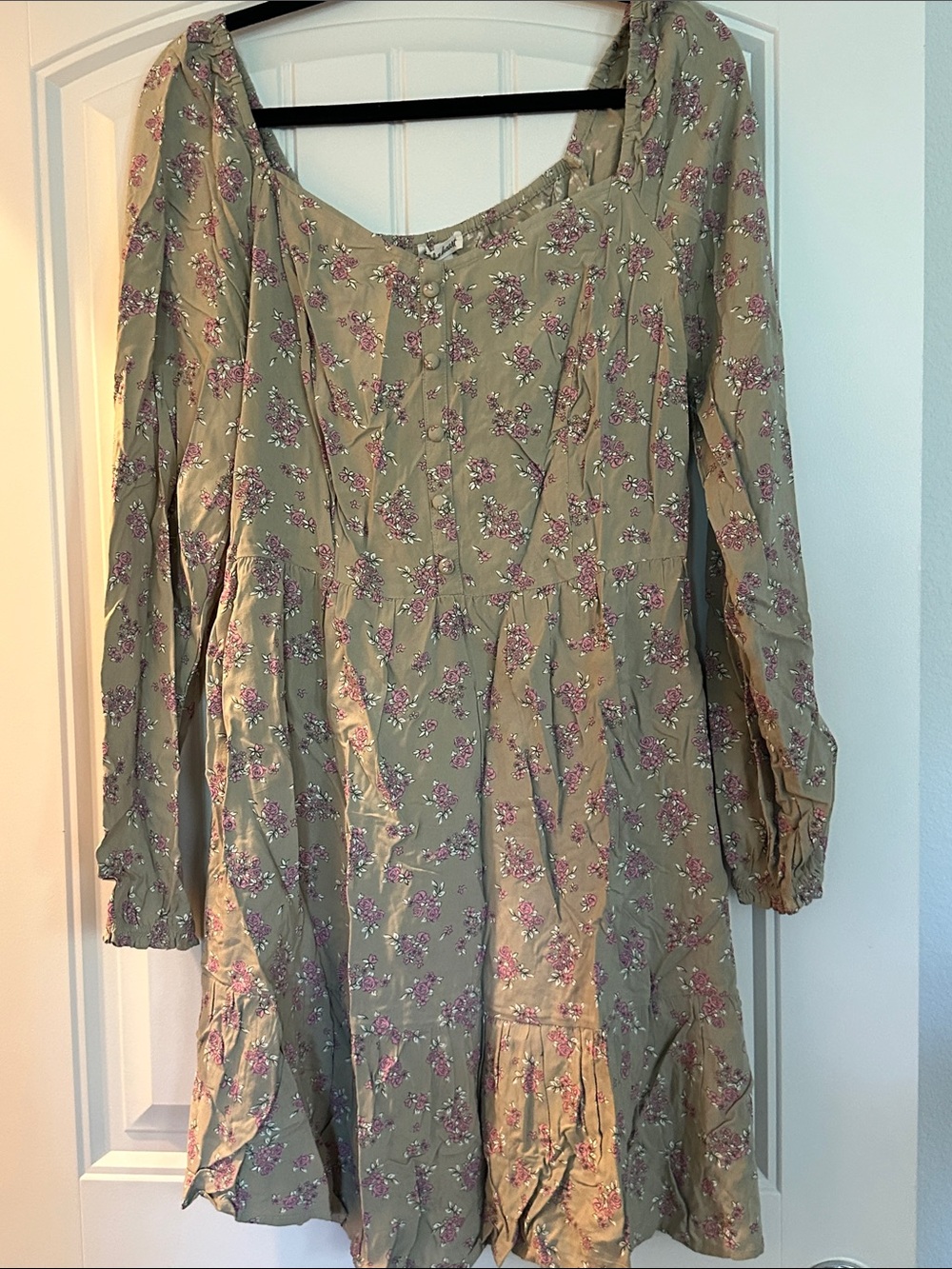 Derek Heart Olive Green Floral Long-Sleeve Smock Dress